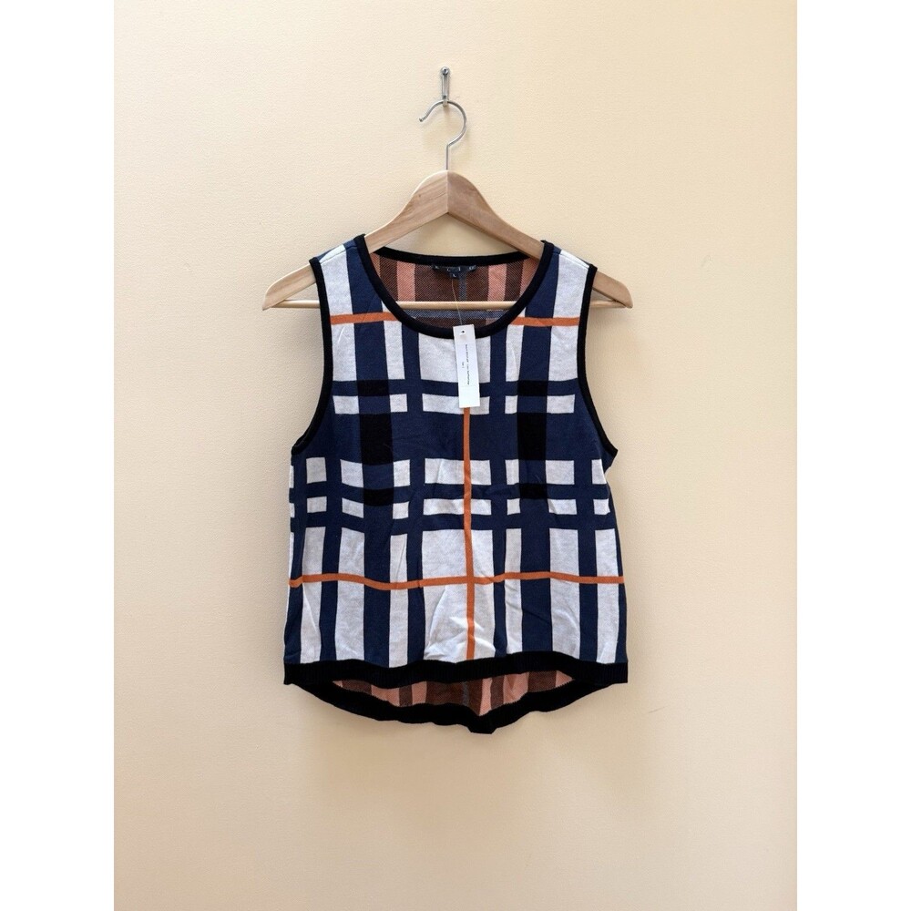 Elio Plaid Women’s Sleeveless Sweater Top Sz L White Orange Blue Black NEW
